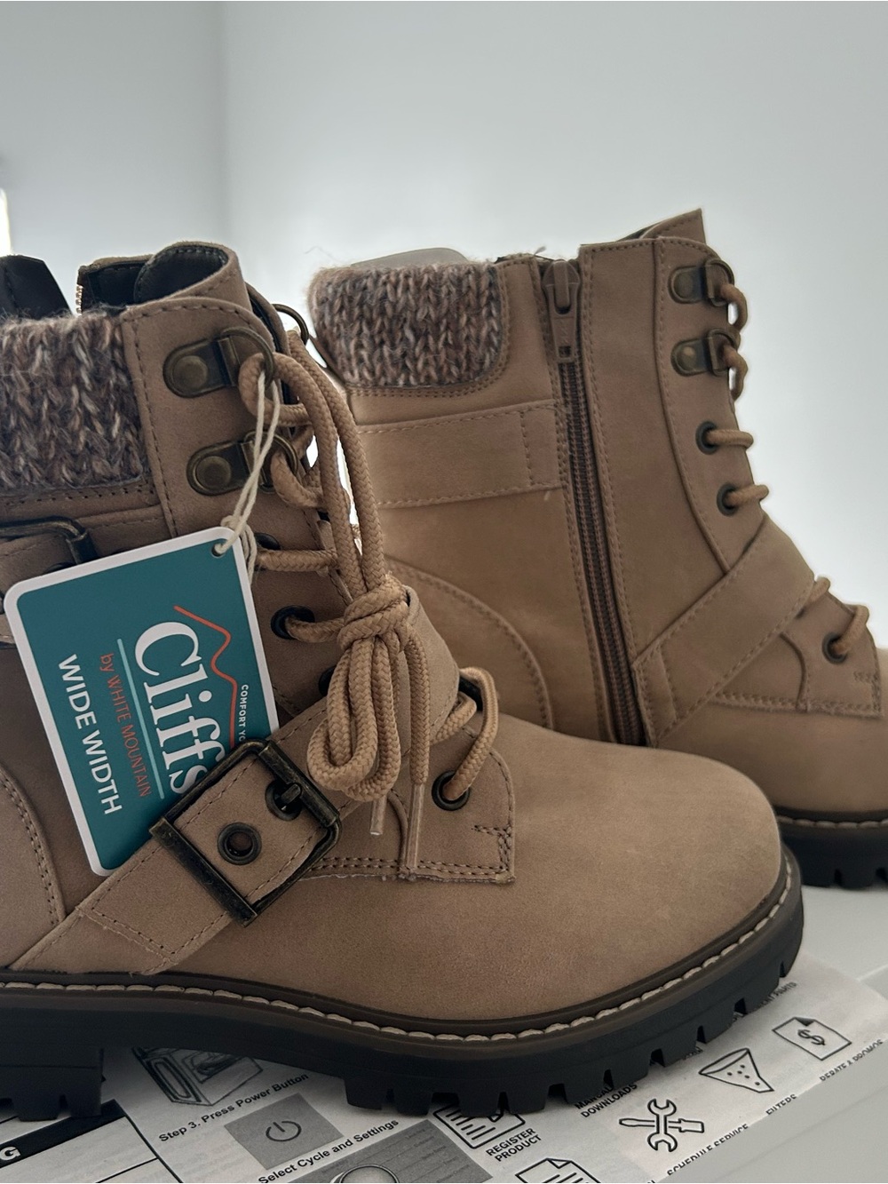 Cliffs by WHITE MOUNTAIN Tan Knit-Collar Lace-Up Ankle Boots